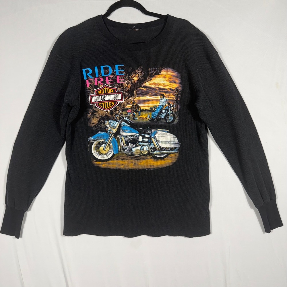 Vtg 90s Harley Davidson Thermal Shirt Med‎ Black Ride Free Long Sleeve Stratman